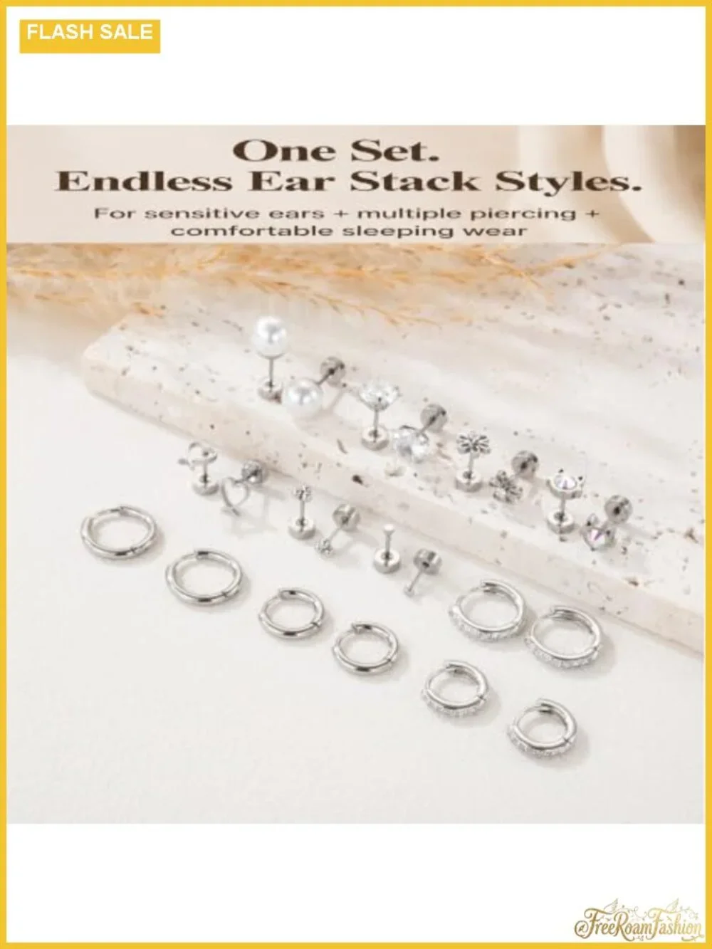 11 Pairs Flat Back Screw Back Stud & Hoop Earrings Set Surgical Steel for